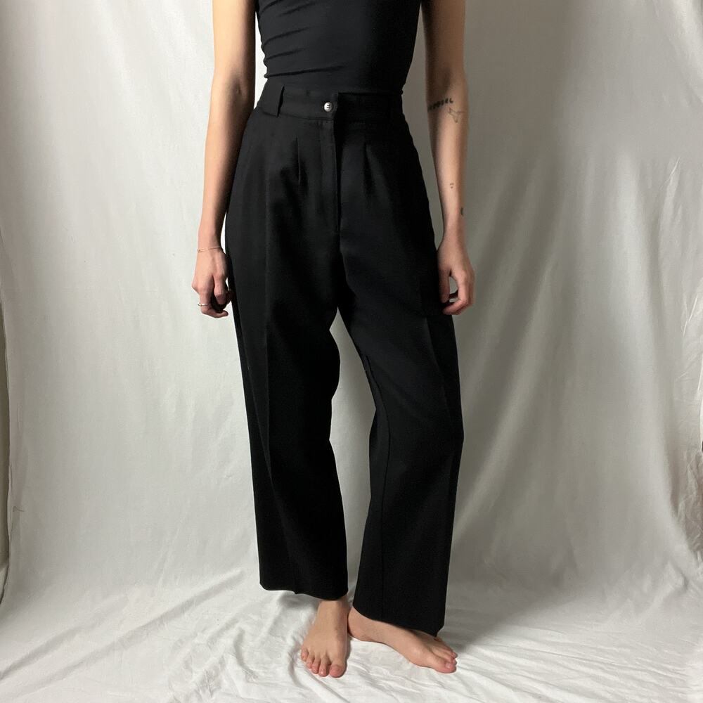 90s vintage black wool minimalist high waisted straight leg trousers pants